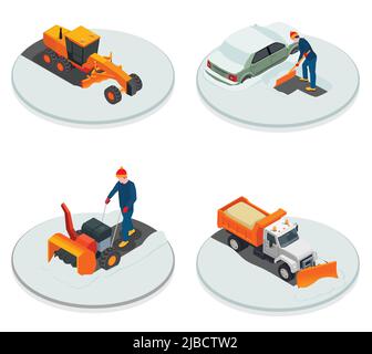 Snow cleaning machinery isometric 2x2 design concept set of shovel handle snowplow and industrial transport for snow removal isometric vector illustra Stock Vector