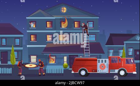 Brave firefighters firefighting with flame flat vector illustration ...