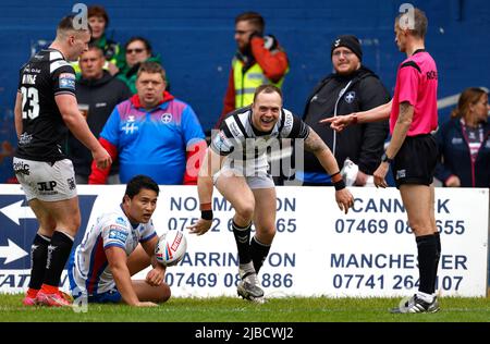 Hull FC's Adam Swift (centre) celebrates scoring his side's third try of the game during the Betfred Super League match at The Be Well Support Stadium, Wakefield. Picture date: Sunday June 5, 2022. Stock Photo