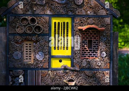 Man-made insect hotel in a green forest and flowers. A structure created from natural materials intended to provide shelter and conservation for insec Stock Photo