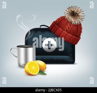 Vector first aid kit box with knitted red cap with pom-pom, hot thermo cup, steam and lemon isolated on background Stock Vector