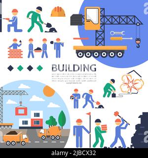 Flat building industry template with construction workers tools crane concrete mixer truck vector illustration Stock Vector