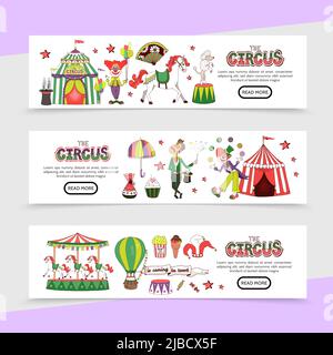 Flat circus horizontal banners with clowns magician horse rabbit dog stage tent sweets hot air balloon jester hat carousel popcorn vector illustration Stock Vector