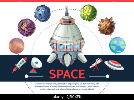 Cartoon colorful space template with shuttle rocket asteroids planets ufo satellite dish telescope isolated vector illustration Stock Vector