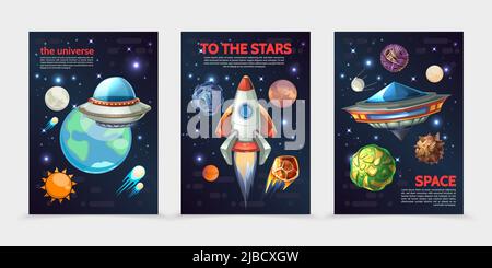 Cartoon colorful space vertical banners with rocket ufo spaceships sun Earth different planets asteroids meteors comets on cosmic background vector il Stock Vector