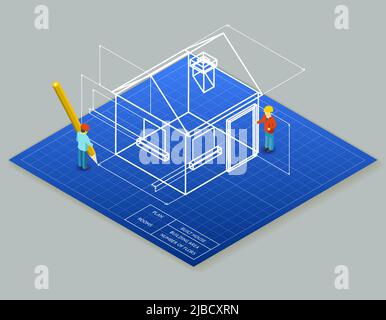 Architectural design blueprint drawing 3d isometric illustration. Project construction house, vector plan home Stock Vector