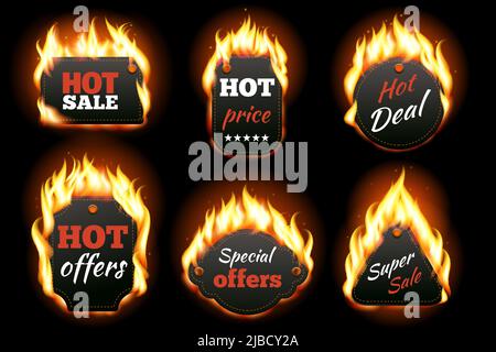Vector fire labels set. Price and sale, deal and offer, special tag or badge, business promotion. Vector illustration Stock Vector
