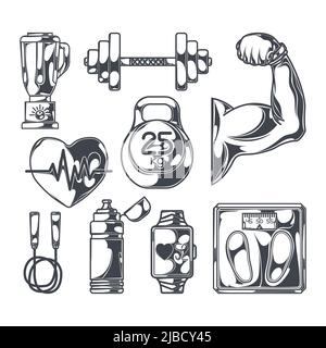 Set of Monochrome Bodybuilding Equipments. GYM or Fitness Elements