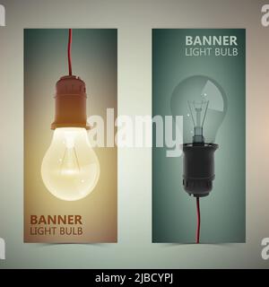 Two vertical bulb banner set with realistic light bulb off and on vector illustration Stock Vector