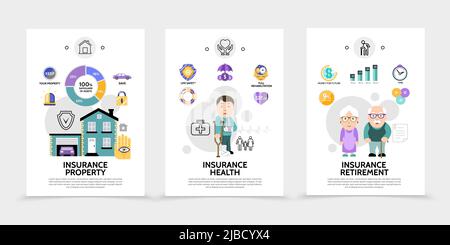 Flat insurance service brochures with estate disabled pensioners property health retirement assurance colorful icons isolated vector illustration Stock Vector
