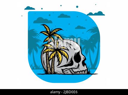 Skull skeleton head under coconut trees illustration design Stock Vector