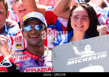 Circuito de Catalunya, Montmelo, Barcelona, Spain: 5th June 2022;  Gran Premi Monster Energy de Catalunya, MotoGP of Spain, race day: Jorge Martin of Spain (89) Prima Pramac Racing MotoGP celebrates the 2nd place Stock Photo