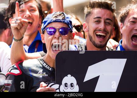 Circuito de Catalunya, Montmelo, Barcelona, Spain: 5th June 2022;  Gran Premi Monster Energy de Catalunya, MotoGP of Spain, race day: Fabio Quartararo of France (20) Monster Energy Yamaha MotoGP celebrates his victory Stock Photo