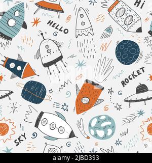 Seamless childish cosmic pattern with cute rockets, lettering and stars in space. Repeating texture doodle style universe. Colored flat vector Stock Vector