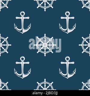 Vector Seamless Pattern with Hand drawn Anchor and Ship Helm, Wheel. Design Template for Textile, Apparel, Wallpapers. White Anchors and Helms, Wheels Stock Vector