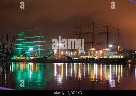 Spectacular illuminated sailing ships of Tall ships Regatta 2014 .Picture taken at Varna port,Bulgaria on May 1st,2014 Stock Photo