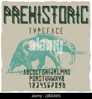 Prehistoric runes typeface poster with hand drawn mastodon on dusty background vector illustration Stock Vector