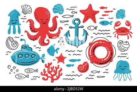Nautical theme set. Marine concept. Cute cartoon vector illustration Stock Vector