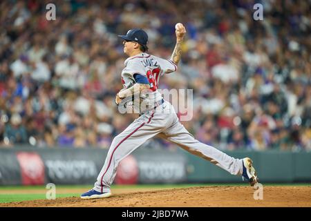 June 4 2022: Atlanta pitcher Jesse Chavez (60) throws a pitch during the  game with Atlanta Braves and Colorado Rockies held at Coors Field in Denver  Co. David Seelig/Cal Sport Medi(Credit Image