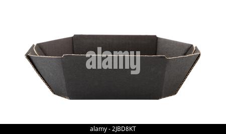 Disposable black cardboard plate isolated on white. Stock Photo