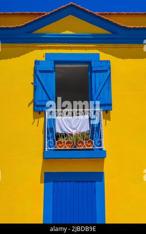 close-up of typical portugal multicolored yellow and blue house Stock Photo