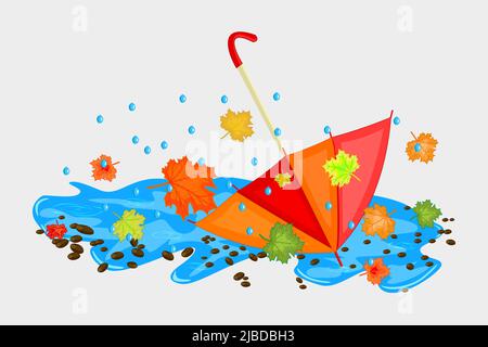Umbrella in puddle with maple leaves.  Autumn or wet day concept. Parasol lies in puddle of water with withered autumn leaves.Rainy season.Fall nature Stock Vector