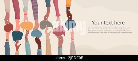 Agreement or affair between group of colleagues or collaborators. Diversity People who exchange information.Hands holding speech bubble.Sharing ideas Stock Vector