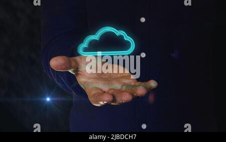 Cloud computing and online storage and internet server 3d symbol over man hand. Cyber technology icon abstract concept seamless and loopable. Stock Photo