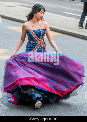 London UK, 5th June 2022. woman street dancer at The pageant for the Queen  Elizabeth II's Platinum Jubilee celebration in central London. Large Crowds  line the street along the Mall and Whitehall