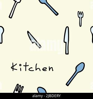 Pattern with kitchen knives, forks, spoons, cutlery on a yellow background and lettering Kitchen.  Stock Vector