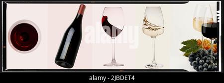 Wine collage. Red and white wine bottle and wine glass on different backgrounds, photo collage banner Stock Photo