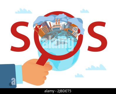 Environmental emergency. Earth with smoking factory, air pollution emissions, inscription sos, stop global warming, save planet poster, eco problems Stock Vector