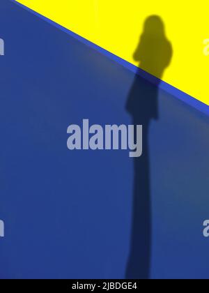 Defocus Long legs shadow of a standing woman on the vibrant blue color flooring and yellow wall, summer bright with copy space, abstract arts Stock Photo