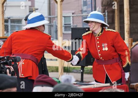 Halifax, Nova Scotia, June 5th, 2022. Lieutenant Colonel Rhonda Matthews takes over command of the Princess Louise Fusiliers at ceremony in Halifax. She becomes the first female unit Commanding Officer in the history of the Canadian Brigade Group, as Lieutenant Colonel Barry Pitcher relinquishes command of the unit after three years. The Princess Louise Fusiliers are a reserve force infantry regiment of the Canadian Armed Forces which originated in Halifax in 1869. Credit: meanderingemu/Alamy Live News Stock Photo