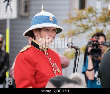 Halifax, Nova Scotia, June 5th, 2022. Lieutenant Colonel Rhonda Matthews takes over command of the Princess Louise Fusiliers at ceremony in Halifax. She becomes the first female unit Commanding Officer in the history of the Canadian Brigade Group, as Lieutenant Colonel Barry Pitcher relinquishes command of the unit after three years. The Princess Louise Fusiliers are a reserve force infantry regiment of the Canadian Armed Forces which originated in Halifax in 1869. Credit: meanderingemu/Alamy Live News Stock Photo