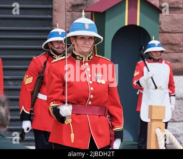 Halifax, Nova Scotia, June 5th, 2022. Lieutenant Colonel Rhonda Matthews takes over command of the Princess Louise Fusiliers at ceremony in Halifax. She becomes the first female unit Commanding Officer in the history of the Canadian Brigade Group, as Lieutenant Colonel Barry Pitcher relinquishes command of the unit after three years. The Princess Louise Fusiliers are a reserve force infantry regiment of the Canadian Armed Forces which originated in Halifax in 1869. Credit: meanderingemu/Alamy Live News Stock Photo