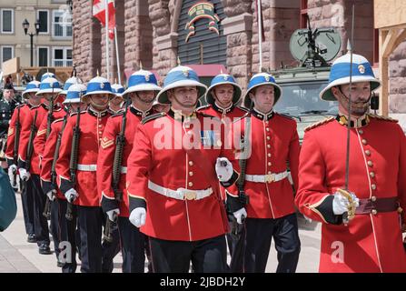 Halifax, Nova Scotia, June 5th, 2022. Lieutenant Colonel Rhonda Matthews takes over command of the Princess Louise Fusiliers at ceremony in Halifax. She becomes the first female unit Commanding Officer in the history of the Canadian Brigade Group, as Lieutenant Colonel Barry Pitcher relinquishes command of the unit after three years. The Princess Louise Fusiliers are a reserve force infantry regiment of the Canadian Armed Forces which originated in Halifax in 1869. Credit: meanderingemu/Alamy Live News Stock Photo