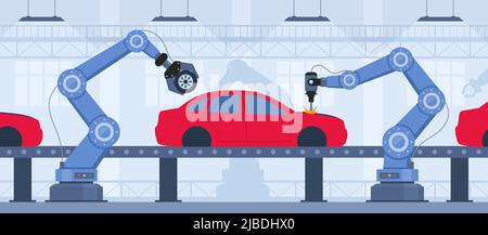 Process of automated car production. Wehicle parts on the machinery ...