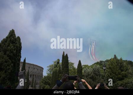 The tricolor arrows, symbol of the military parade, day of the Italian republic. Stock Photo