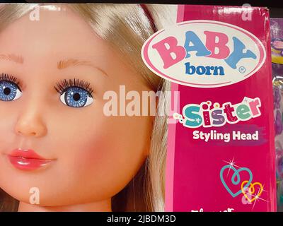 Nuremberg, Germany - June 4, 2022: Babybirn doll in a supermarket. white puppet in a box. Stock Photo