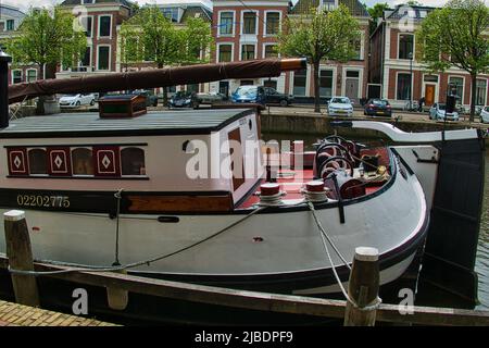 Stern and deckhouse of a tjalk, a traditional Dutch sailing barge that used to carry cargo between the Netherlands and the Baltic. Stock Photo