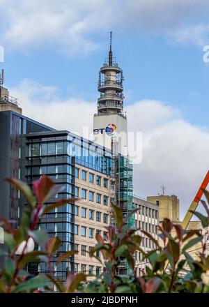 Distance image of BT Tower in Birmingham City Centre. Stock Photo