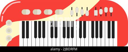 Red piano keyboard. Cartoon musical synthesizer. Vector illustration isolated on white Stock Vector