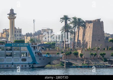 View of Luxor Temple, and Luxor Corniche, taken from the River Nile Stock Photo