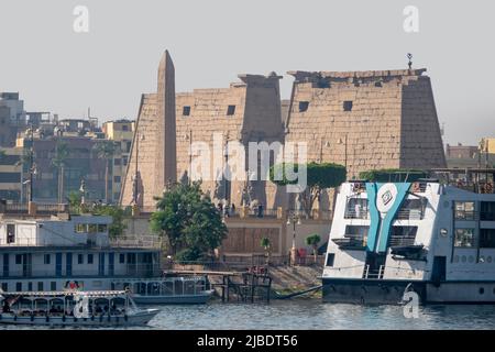 View of Luxor Temple, and Luxor Corniche, taken from the River Nile Stock Photo