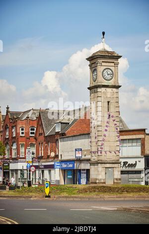 Town centre landmark, The clocktower on a roundabout, in the middle of Goole, East Yorkshire, England UK Stock Photo