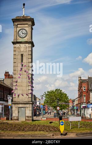 Town centre landmark, The clocktower on a roundabout, in the middle of Goole, East Yorkshire, England UK Stock Photo