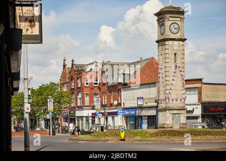 Town centre landmark, The clocktower on a roundabout, in the middle of Goole, East Yorkshire, England UK Stock Photo