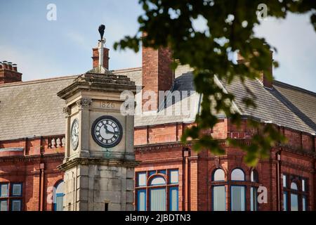 Town centre landmark, The clocktower on a roundabout, in the middle of Goole, East Yorkshire, England UK Stock Photo