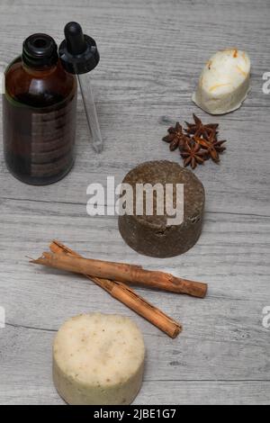 Zero waste beauty hair care concept. Eco-friendly solid soaps on wood background, copy space. Stock Photo